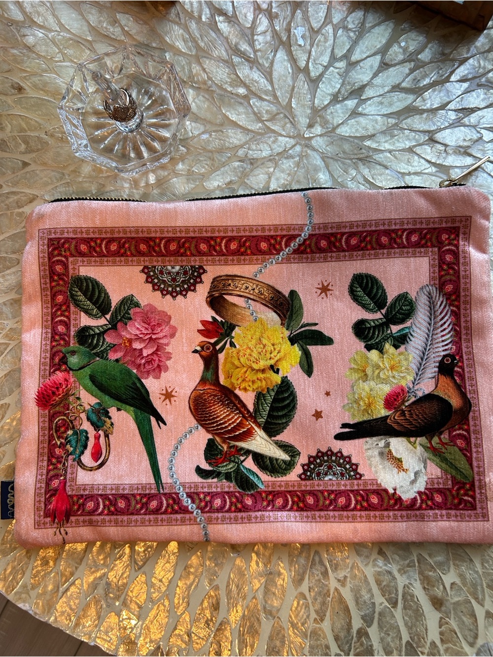 Muzaluci Artisian Bird Print Velvet Handbag